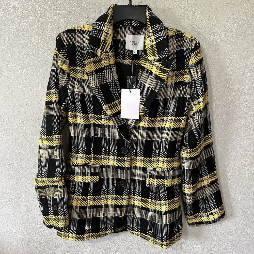 NEW Grey Lab‎ Women's Small Black Yellow Blazer Jacket Tweed Like Grunge Rocker